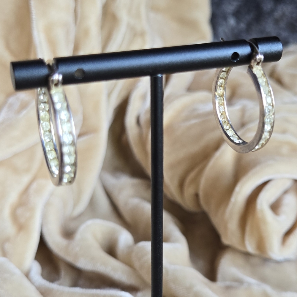 Vintage Silver-Tone Rhinestone Hoop Earrings